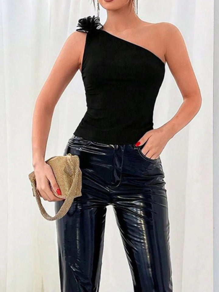 Flower Ribbed Single Shoulder Tank - Black - S - 10116b4222af4ef99485801441340b51 - Max - Origin - Tatoo Tee