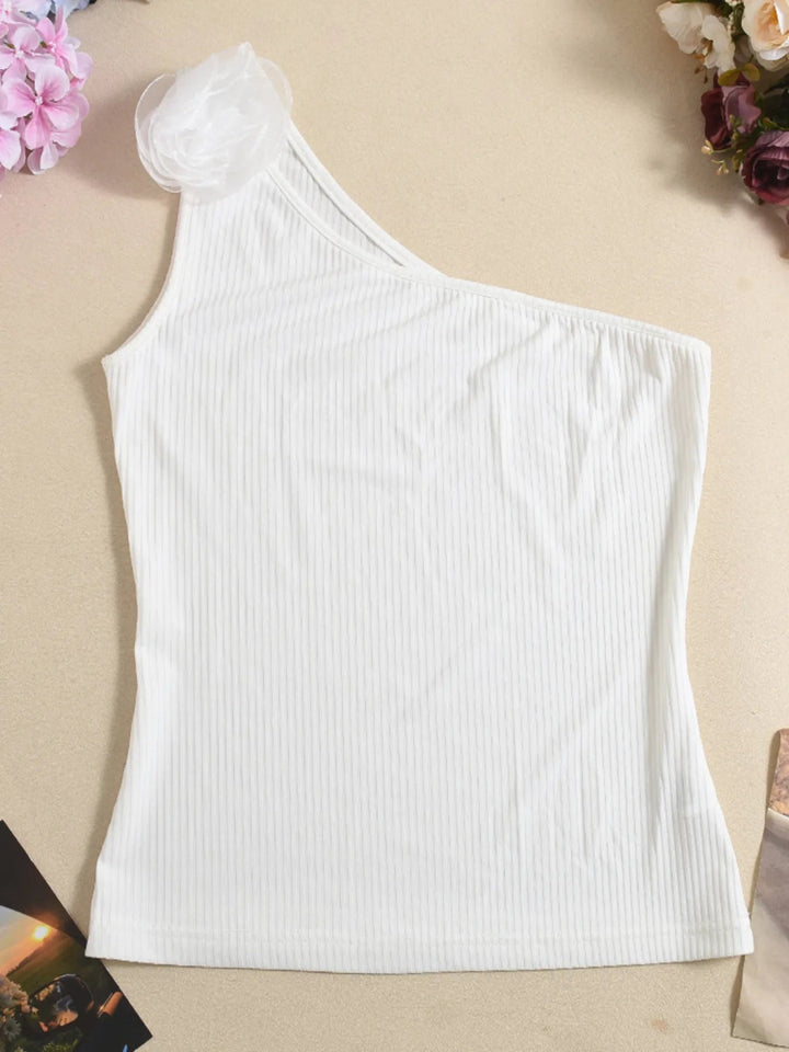 Flower Ribbed Single Shoulder Tank - White - S - 91724e286bd54e50a44968e104b284f4 - Max - Origin - Tatoo Tee