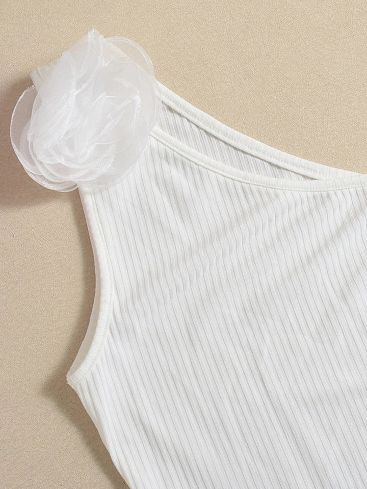 Flower Ribbed Single Shoulder Tank - White - S - 1b8f5a57179145aca7efad6a40511149 - Max - Origin - Tatoo Tee