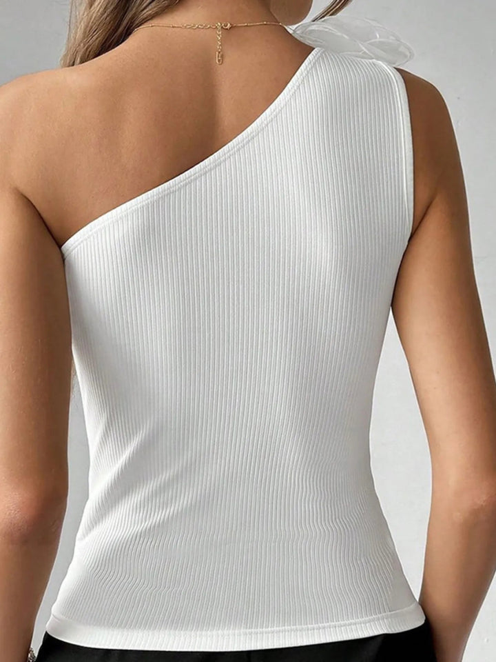Flower Ribbed Single Shoulder Tank - White - S - 11f9681a1d394b629c3461c53863035d - Max - Origin - Tatoo Tee