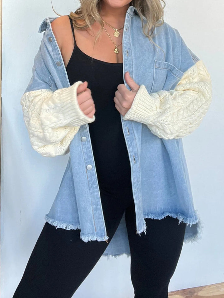 Full Size Raw Hem Button Up Patchwork Denim Jacket Plus Size - Blue - S - 33fd08061c3e4783a473798780d7fdbb - Max - Origin - Tatoo Tee