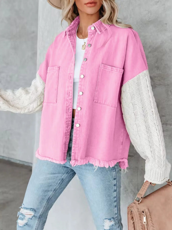 Full Size Raw Hem Button Up Patchwork Denim Jacket Plus Size - Pink - S - 044a41f9308b4598a74042fe4d690cfa - Max - Origin - Tatoo Tee
