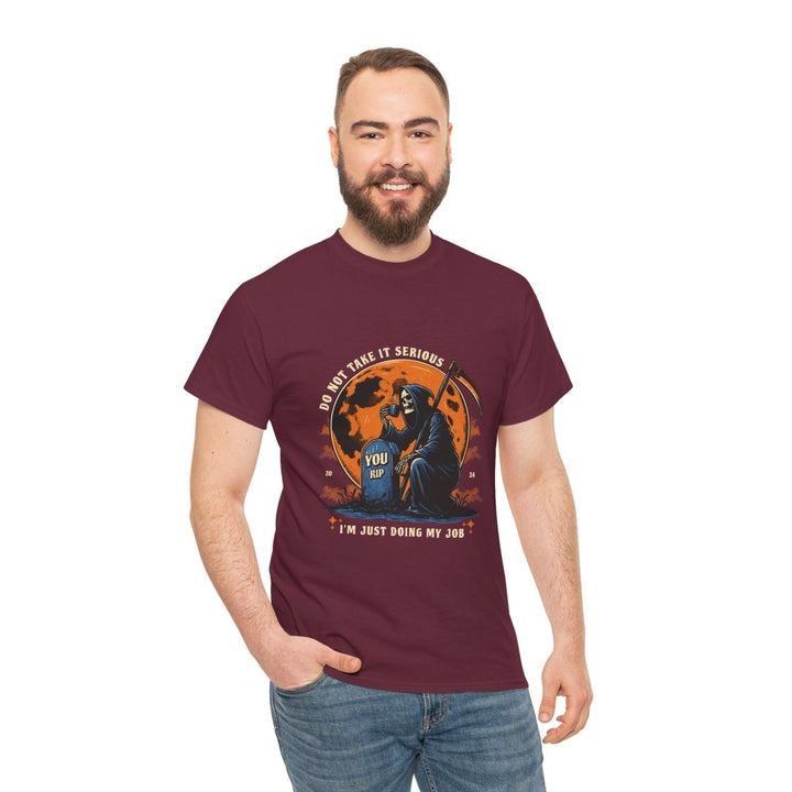 Funny Grim Reaper Tee - "I Do Not Take It Serious, I'm Just Doing My Job" - Purple - S - Funny Grim Reaper Tee - "I Do Not Take It Serious, I'm Just Doing My Job" - Tatoo Tee