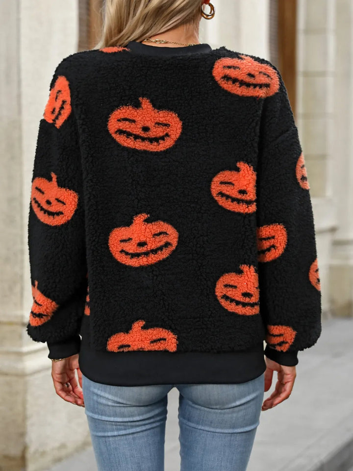Fuzzy Pumpkin Round Neck Dropped Shoulder Sweater - Orange - S - 7e79228f - da25 - 491d - b63d - af1146b6837d - Max - Tatoo Tee