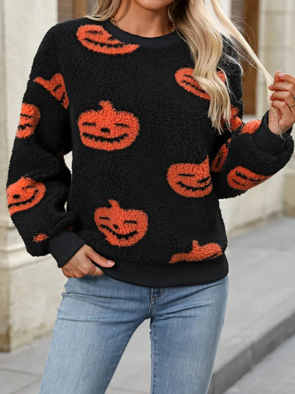 Fuzzy Pumpkin Round Neck Dropped Shoulder Sweater - Orange - S - 246eca0c - d54d - 4158 - 9ee9 - e7c6fd064fe1 - Max - Tatoo Tee