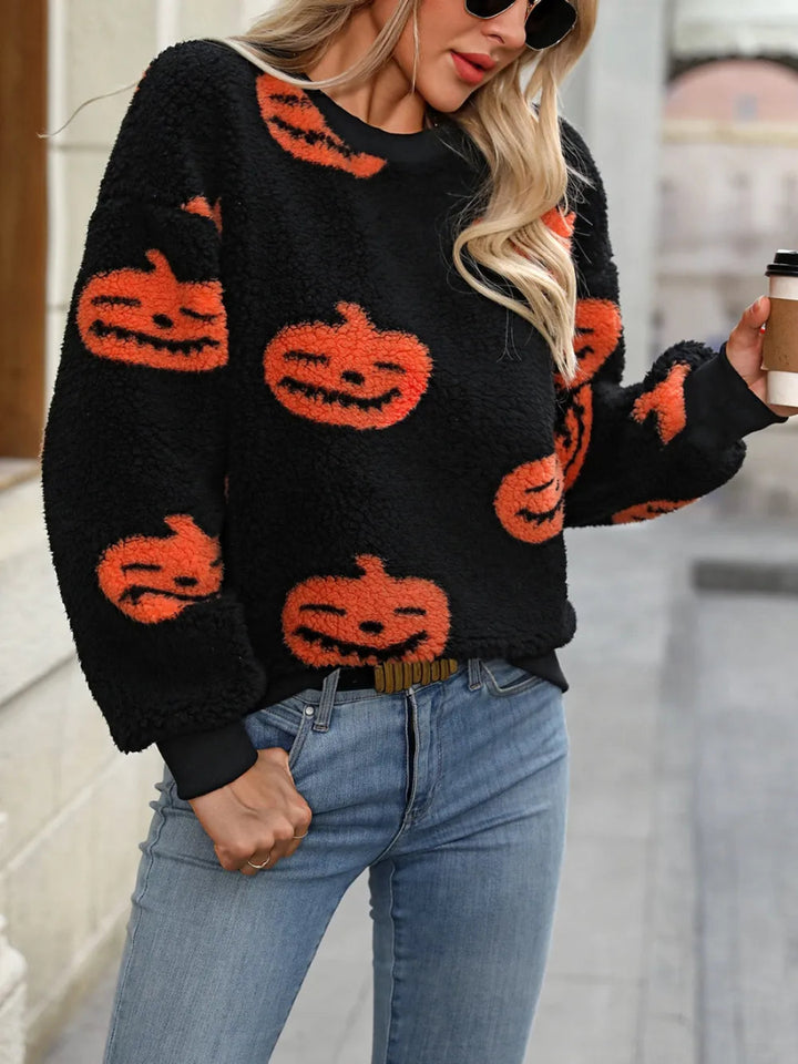 Fuzzy Pumpkin Round Neck Dropped Shoulder Sweater - Orange - S - 0898f5a2 - 1d87 - 4ff1 - 9bdc - d456e1e931d8 - Max - Tatoo Tee