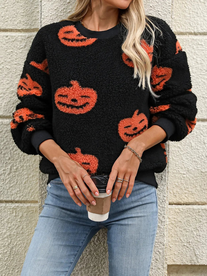 Fuzzy Pumpkin Round Neck Dropped Shoulder Sweater - Orange - S - 46802ea9 - f37f - 42af - 8bbb - c964400dcc37 - Max - Tatoo Tee
