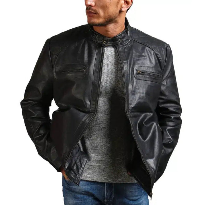 Garcia Mens Cafe Racer Black Leather Jacket - XS - Garcia Mens Cafe Racer Black Leather Jacket - Tatoo Tee