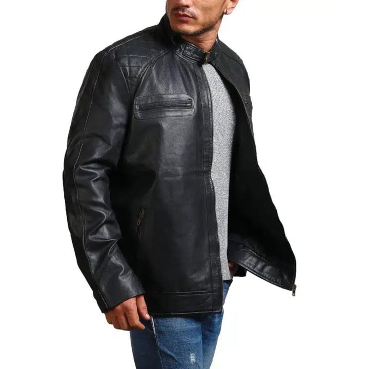 Garcia Mens Cafe Racer Black Leather Jacket - XS - Garcia Mens Cafe Racer Black Leather Jacket - Tatoo Tee