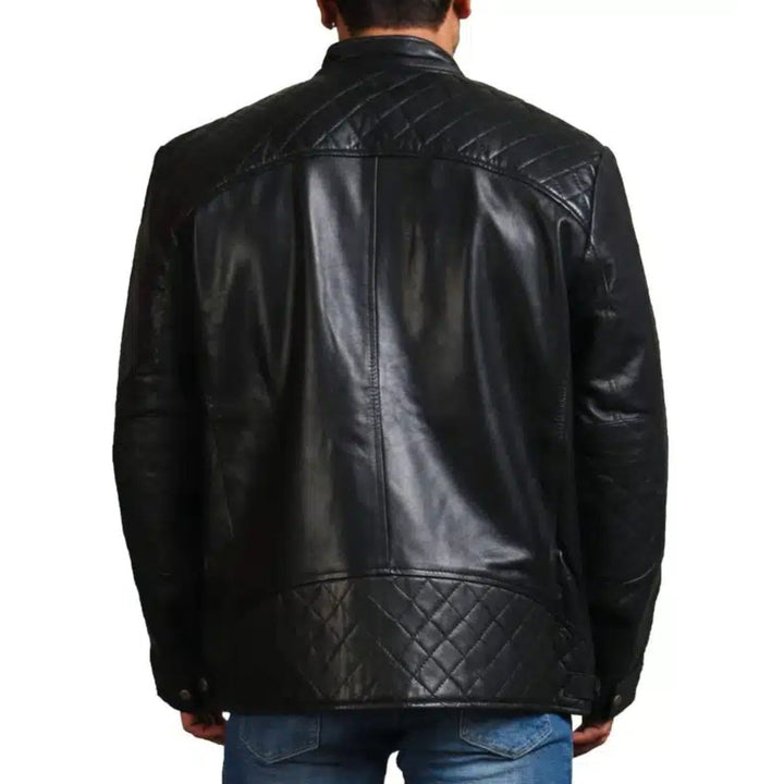 Garcia Mens Cafe Racer Black Leather Jacket - XS - Garcia Mens Cafe Racer Black Leather Jacket - Tatoo Tee
