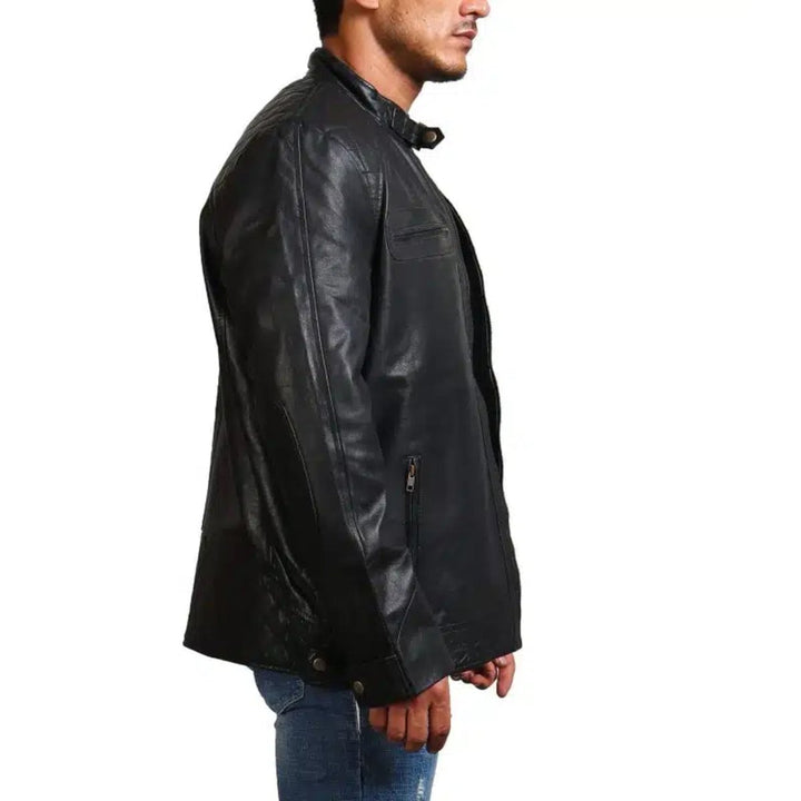 Garcia Mens Cafe Racer Black Leather Jacket - XS - Garcia Mens Cafe Racer Black Leather Jacket - Tatoo Tee