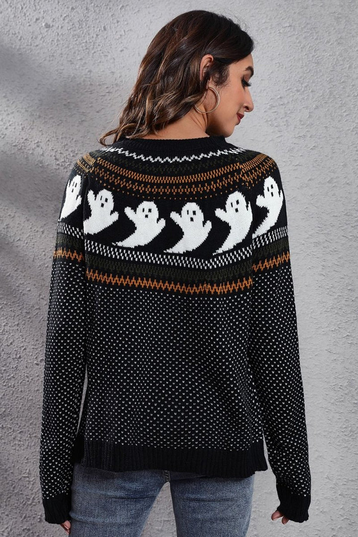 Ghost Pattern Round Neck Long Sleeve Sweater - Ghost - S - aa02e3d8953044d08a436bb032851cb7 - Max - Tatoo Tee