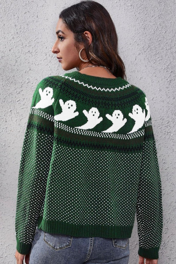 Ghost Pattern Round Neck Long Sleeve Sweater - Green - S - 913a5cfe0c8a437480cc3c88e0b2657a - Max - Tatoo Tee