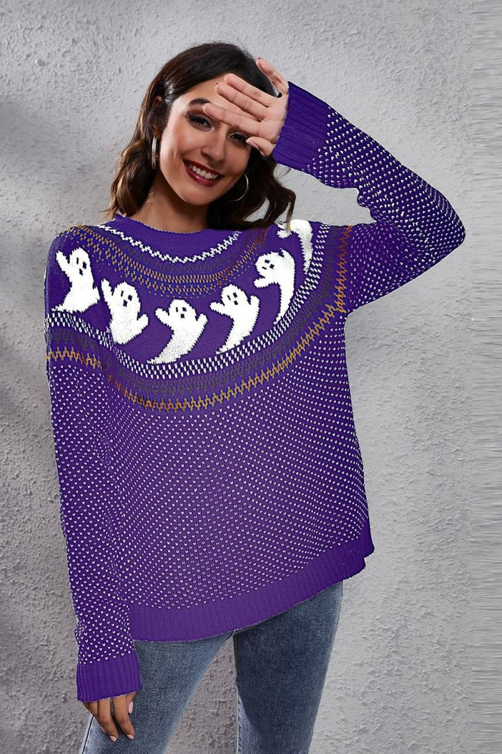 Ghost Pattern Round Neck Long Sleeve Sweater - Light Indigo - S - 9b3ac9a2f5d843ad9089ace3cd62cdae - Max - Tatoo Tee