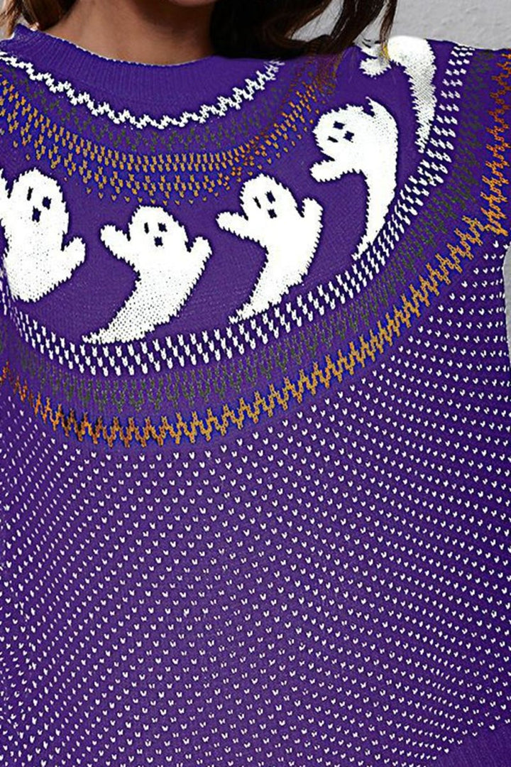 Ghost Pattern Round Neck Long Sleeve Sweater - Light Indigo - S - 28564bdb31fe4baaa2bb954969b5c5a7 - Max - Tatoo Tee