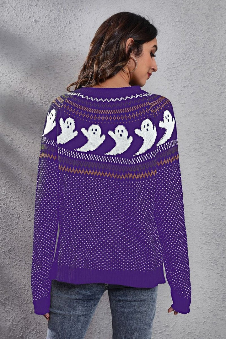 Ghost Pattern Round Neck Long Sleeve Sweater - Light Indigo - S - 574820fb5bc44b519af245b93d460649 - Max - Tatoo Tee