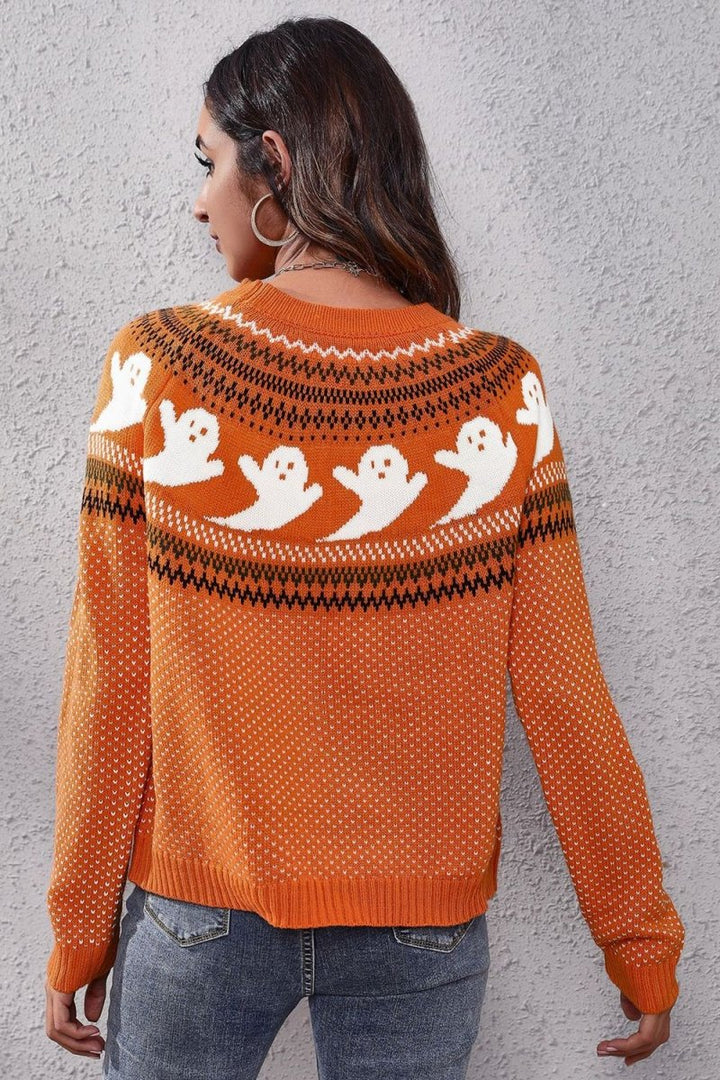 Ghost Pattern Round Neck Long Sleeve Sweater - Orange - S - 9a27db21f46e4fba9d59f056d08580ad - Max - Tatoo Tee