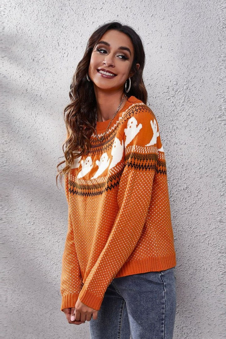 Ghost Pattern Round Neck Long Sleeve Sweater - Orange - S - 0542f7dcb99748b29a8d0c016c15fae2 - Max - Tatoo Tee