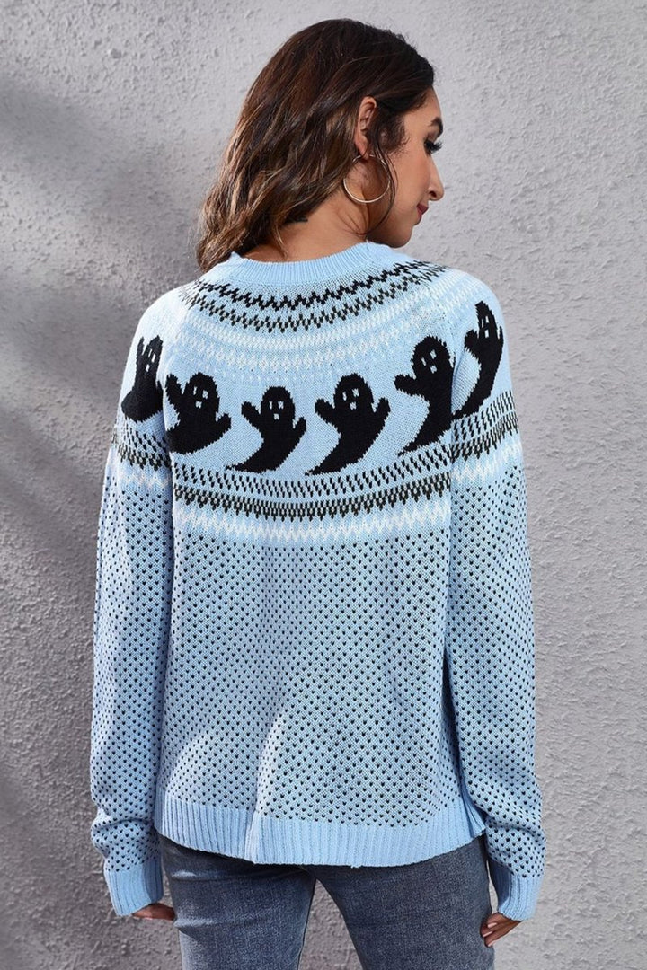 Ghost Pattern Round Neck Long Sleeve Sweater - Pastel Blue - S - 105337f55f8a4d06b66521d1859aaa4b - Max - Tatoo Tee