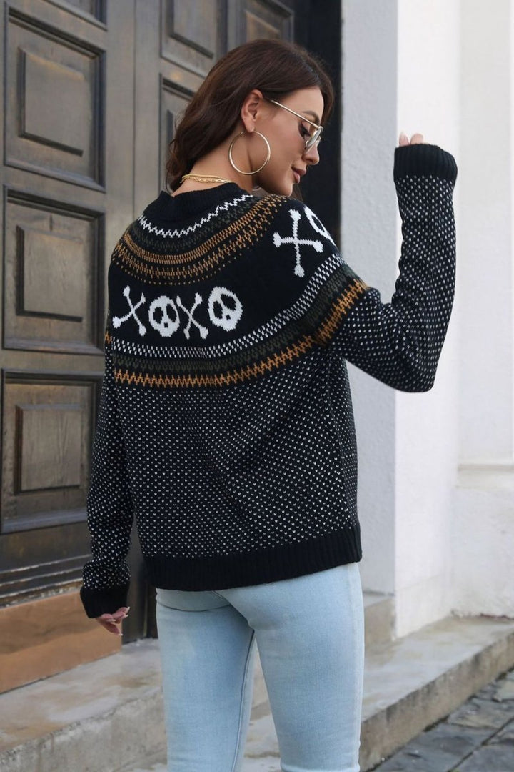 Ghost Pattern Round Neck Long Sleeve Sweater - Skull - S - 4a426df7fa804f598cbea56bac733c77 - Max - Tatoo Tee