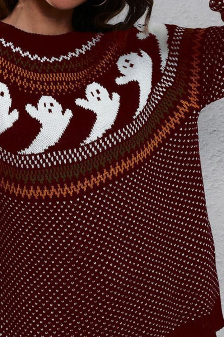 Ghost Pattern Round Neck Long Sleeve Sweater - Wine - S - 8a78508367ca4483bf114d4f9b1c3243 - Max - Tatoo Tee