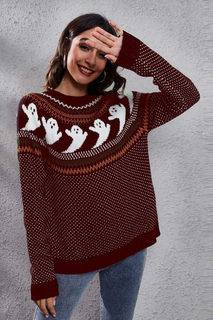 Ghost Pattern Round Neck Long Sleeve Sweater - Wine - S - b6182a6dee3e440e969c2cf4ea317484 - Max - Tatoo Tee