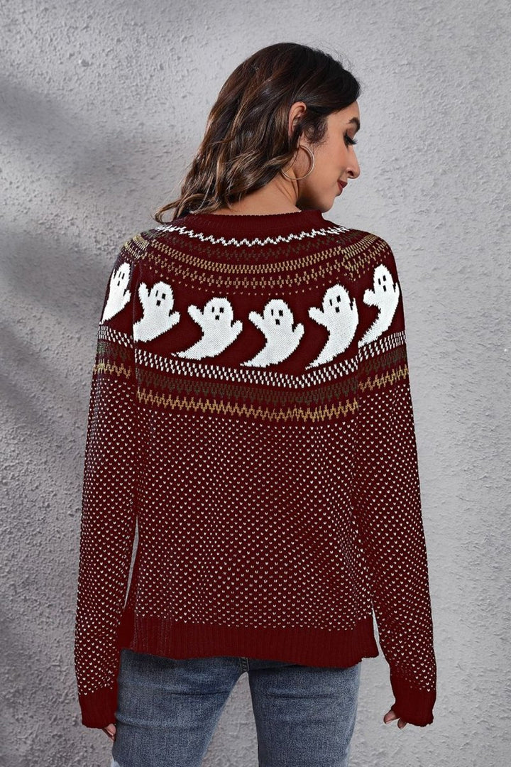 Ghost Pattern Round Neck Long Sleeve Sweater - Wine - S - 9bd29d07e72549529de0cc4cac170296 - Max - Tatoo Tee