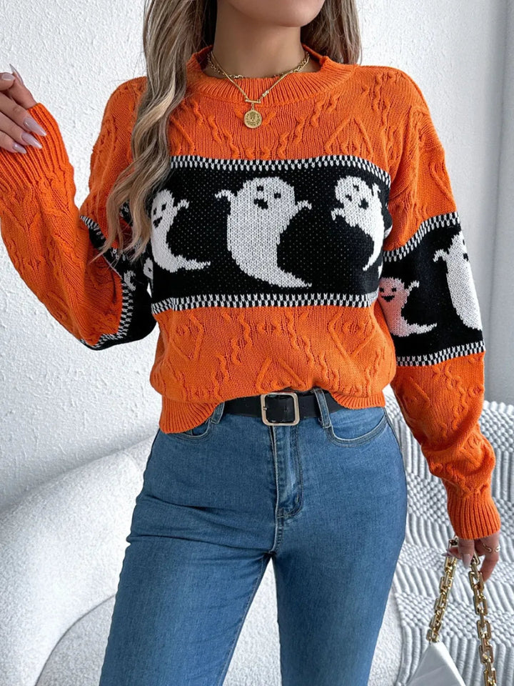 Ghost Round Neck Long Sleeve Sweater - Orange - S - da4b813f - c93b - 4a32 - 8abc - 98484fd0d440 - Max - Tatoo Tee