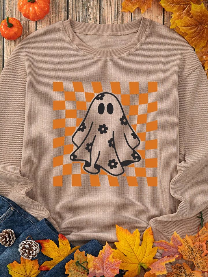 Halloween Checkerboard Floral Ghost Graphic Corded Sweatshirt - Khaki - S - 83c509ed53eb4efd91fe035180df547b - Max - Origin - Tatoo Tee