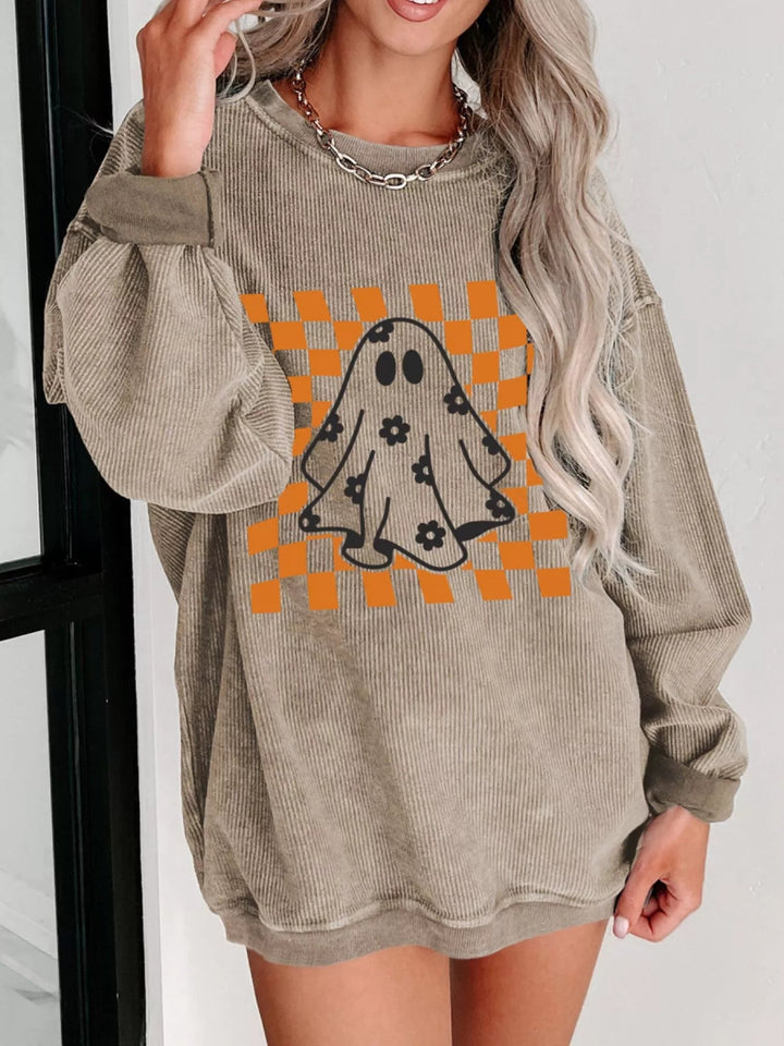 Halloween Checkerboard Floral Ghost Graphic Corded Sweatshirt - Khaki - S - a9085b97 - 5ef9 - 4613 - aaf9 - 64b649826745 - Max - Origin - Tatoo Tee