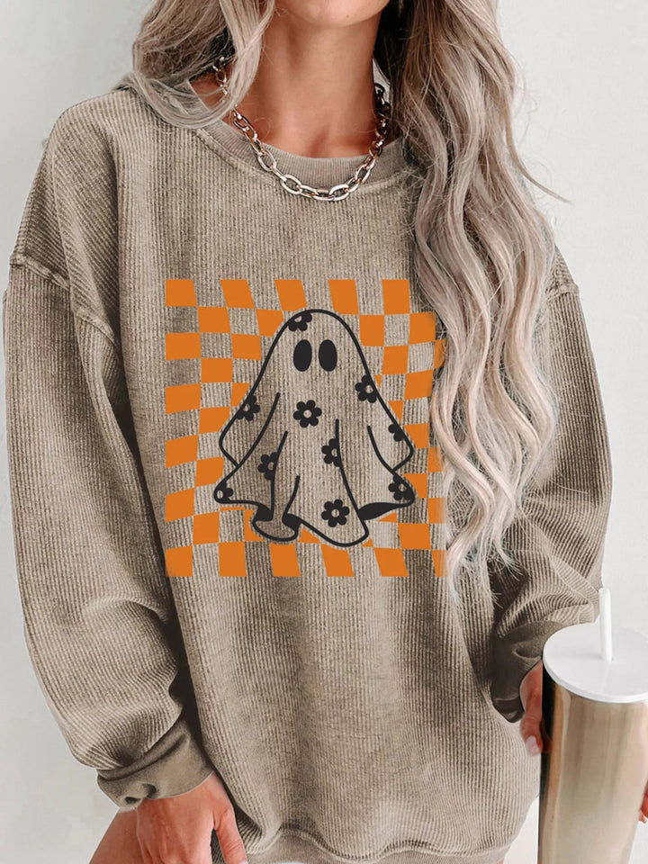 Halloween Checkerboard Floral Ghost Graphic Corded Sweatshirt - Khaki - S - 1311b057039c49a680995e7e6cd6229a - Max - Origin - Tatoo Tee