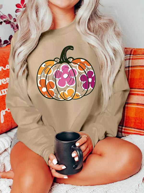 Halloween Floral Pumpkin Graphic Drop Shoulder Sweatshirt - Khaki - S - fc06274294864821aa76e693f5e2f48e - Max - Origin - Tatoo Tee