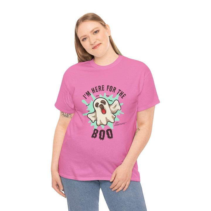 Halloween Ghost Tee - ‘I'm Here for the BOO’ Unisex Cotton T-Shirt - Azalea - S - Halloween Ghost Tee - ‘I'm Here for the BOO’ Unisex Cotton T-Shirt - Tatoo Tee