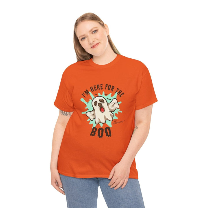 Halloween Ghost Tee - ‘I'm Here for the BOO’ Unisex Cotton T-Shirt - Orange - S - Halloween Ghost Tee - ‘I'm Here for the BOO’ Unisex Cotton T-Shirt - Tatoo Tee