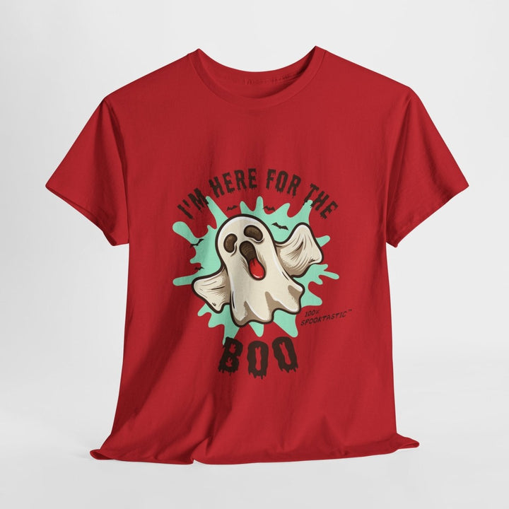 Halloween Ghost Tee - ‘I'm Here for the BOO’ Unisex Cotton T-Shirt - Red - S - Halloween Ghost Tee - ‘I'm Here for the BOO’ Unisex Cotton T-Shirt - Tatoo Tee