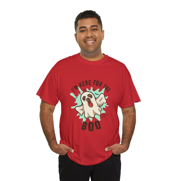 Halloween Ghost Tee - ‘I'm Here for the BOO’ Unisex Cotton T-Shirt - Red - S - Halloween Ghost Tee - ‘I'm Here for the BOO’ Unisex Cotton T-Shirt - Tatoo Tee