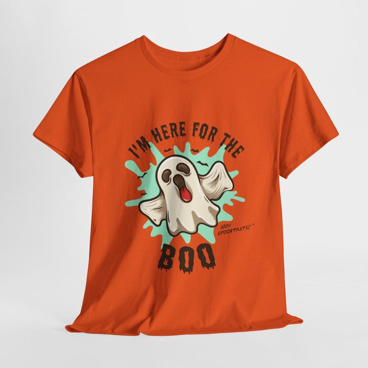 Halloween Ghost Tee - ‘I'm Here for the BOO’ Unisex Cotton T-Shirt - Red - S - Halloween Ghost Tee - ‘I'm Here for the BOO’ Unisex Cotton T-Shirt - Tatoo Tee