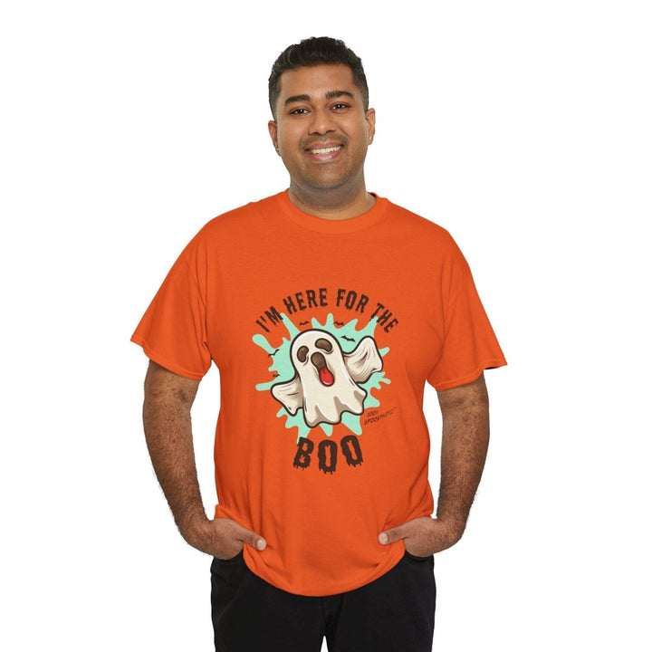 Halloween Ghost Tee - ‘I'm Here for the BOO’ Unisex Cotton T-Shirt - Red - S - Halloween Ghost Tee - ‘I'm Here for the BOO’ Unisex Cotton T-Shirt - Tatoo Tee