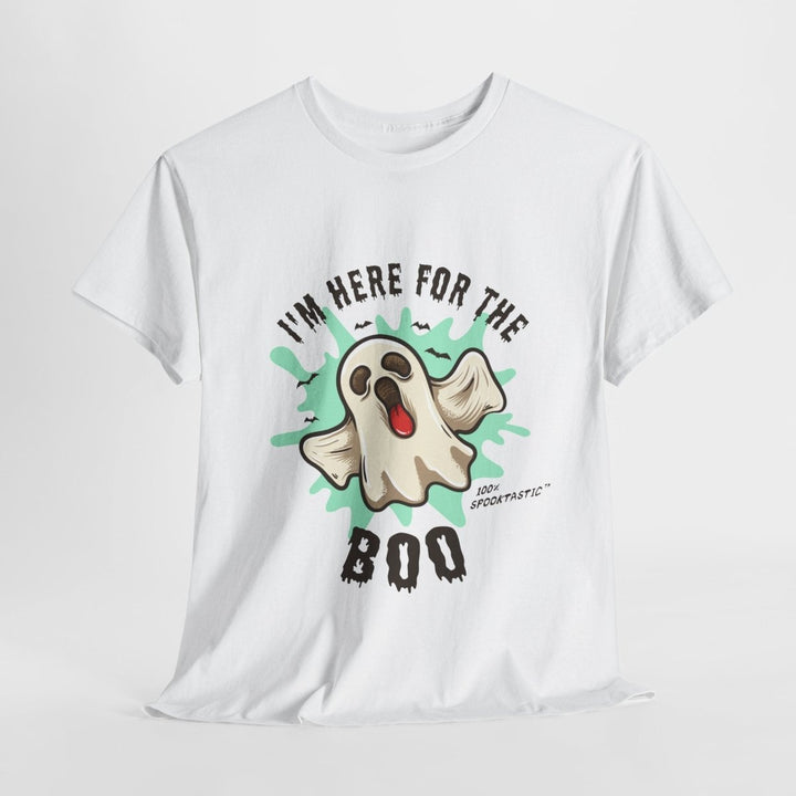 Halloween Ghost Tee - ‘I'm Here for the BOO’ Unisex Cotton T-Shirt - Red - S - Halloween Ghost Tee - ‘I'm Here for the BOO’ Unisex Cotton T-Shirt - Tatoo Tee