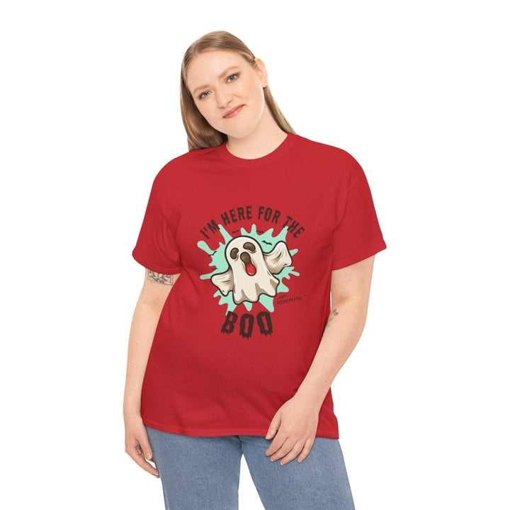 Halloween Ghost Tee - ‘I'm Here for the BOO’ Unisex Cotton T-Shirt - Red - S - Halloween Ghost Tee - ‘I'm Here for the BOO’ Unisex Cotton T-Shirt - Tatoo Tee