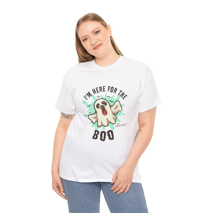 Halloween Ghost Tee - ‘I'm Here for the BOO’ Unisex Cotton T-Shirt - White - S - Halloween Ghost Tee - ‘I'm Here for the BOO’ Unisex Cotton T-Shirt - Tatoo Tee