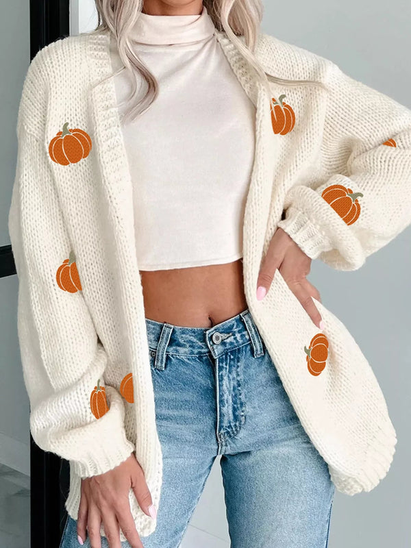 Halloween Pumpkin Embroidered Knit Cardigan - White - S - 1855326795c14863857b0fd9dc821e6a - Max - Origin - Tatoo Tee
