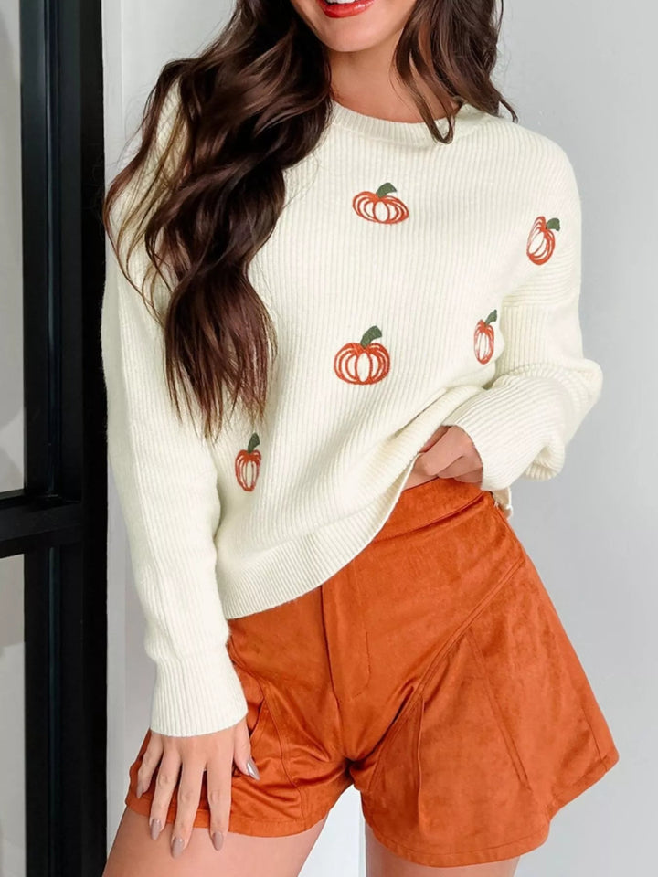 Halloween Pumpkin Embroidered Round Neck Long Sleeve Sweater - Cream - M - f7617a2d - a345 - 4a89 - 82f7 - 1f20a20b2020 - Max - Origin - Tatoo Tee
