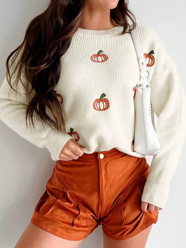 Halloween Pumpkin Embroidered Round Neck Long Sleeve Sweater - Cream - M - fd0d89e9 - 572d - 4bb5 - 99f5 - 0e8f27a4b53a - Max - Origin - Tatoo Tee