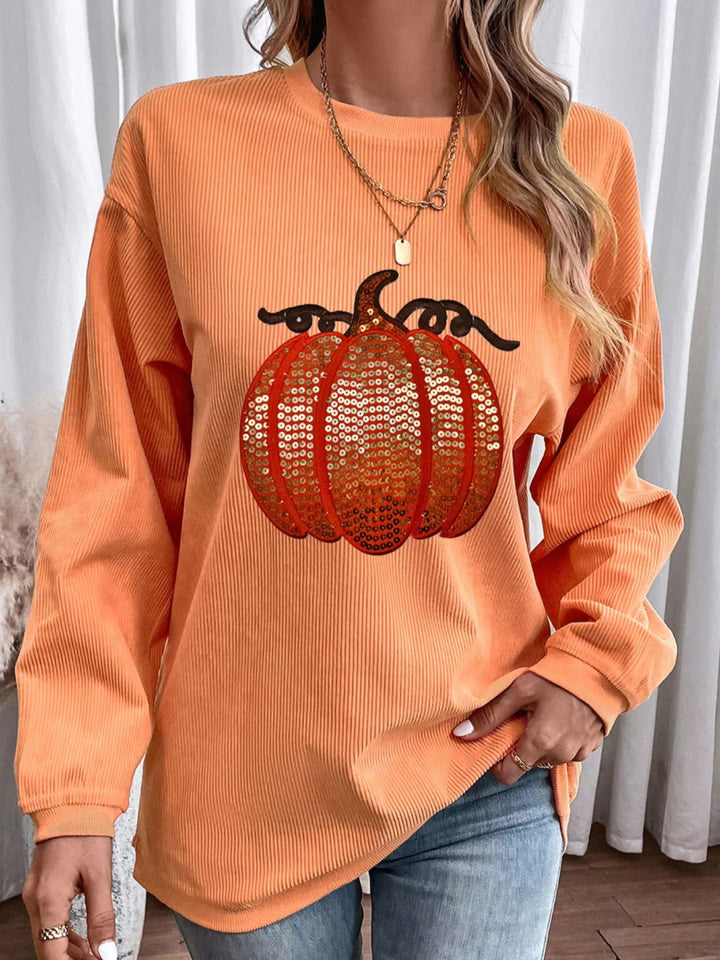 Halloween Sequined Pumpkin Ribbed Round Neck Sweatshirt - Tangerine - S - 0666403c - 0855 - 4c38 - 994b - 4c3abfd10382 - Max - Origin - Tatoo Tee