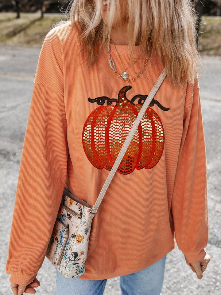Halloween Sequined Pumpkin Ribbed Round Neck Sweatshirt - Tangerine - S - 2a796615 - ea31 - 4d26 - 9181 - e81db2355c45 - Max - Origin - Tatoo Tee