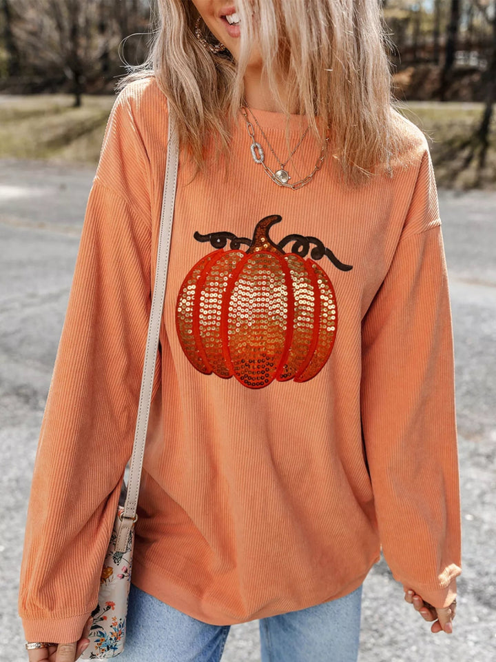 Halloween Sequined Pumpkin Ribbed Round Neck Sweatshirt - Tangerine - S - 94e77d61 - ac83 - 48c7 - 9ee3 - 05987b5a6897 - Max - Origin - Tatoo Tee