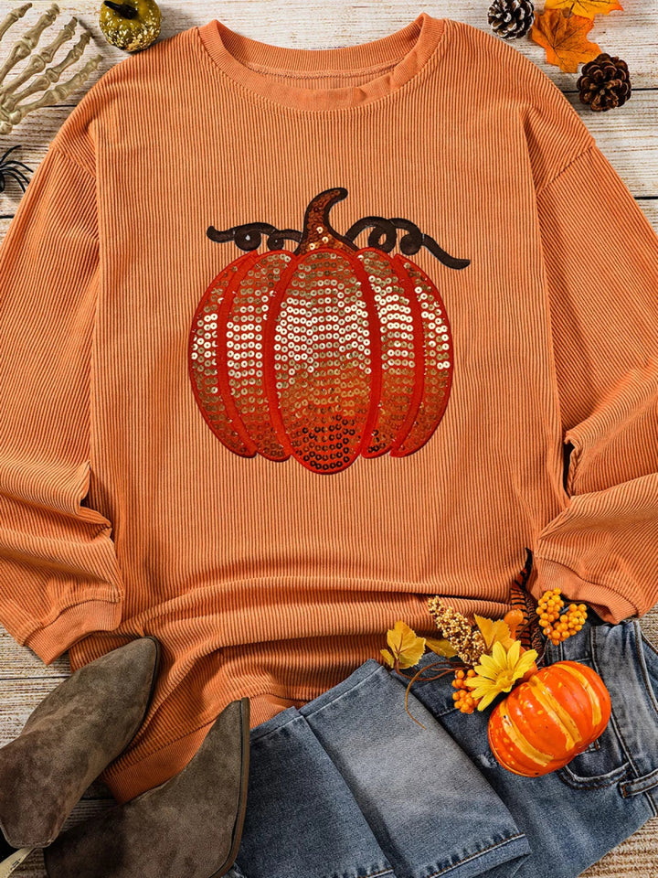 Halloween Sequined Pumpkin Ribbed Round Neck Sweatshirt - Tangerine - S - 656e5ec2440b48f9849b66304e330bb4 - Max - Origin - Tatoo Tee