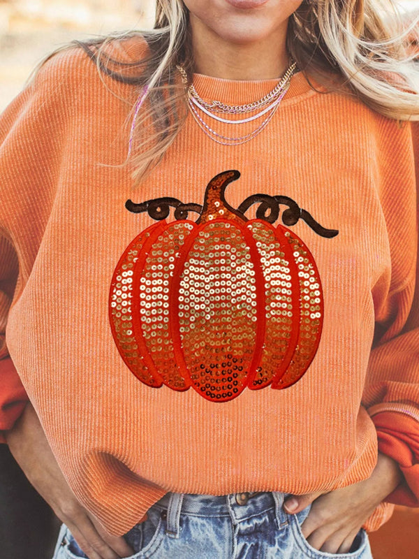 Halloween Sequined Pumpkin Ribbed Round Neck Sweatshirt - Tangerine - S - 55893cdc - 55de - 4b00 - afc7 - 5372b214c6fa - Max - Origin - Tatoo Tee