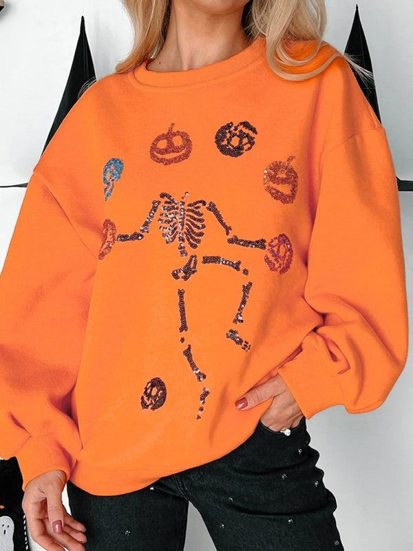 Halloween Skeleton Pumpkin Sweatshirt - Orange - S - b32a17621d49472183bc0d29fd17bd69 - Max - Origin - Tatoo Tee